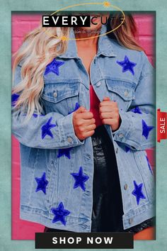 Sequin Star Flap Pocket Denim Jacket Denim Jacket With Star Print, Denim Jacket With Star Print And Long Sleeves, Casual Star Print Denim Jacket, Fall Denim Jacket With Star Patch, Blue Star Print Outerwear For Fall, Casual Denim Jacket With Star Print For Winter, Casual Winter Denim Jacket With Star Print, Casual Star Print Outerwear For Fall, Spring Denim Outerwear With Star Print