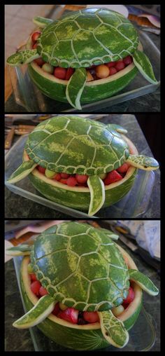 a watermelon turtle made to look like it is eating fruit