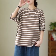 Details: Gender: Women Item Type: T-Shirt Material: Cotton Pattern Type: Stripe Season: Summer Style: Leisure, Daily, Retro Occasion: Going Out, Daily Size: One Size Length: 63.00 cm/ 24.80 " Bust: 124.00 cm/ 48.82 " Shoulder: 54.00 cm/ 21.26 " Sleeve: 29.00 cm/ 11.42 " Striped Short Sleeve T-shirt For Fall, Striped Short Sleeve Fall T-shirt, Fall Striped Short Sleeve T-shirt, Casual T Shirt, Shoe Box, Casual T Shirts, Summer Style, Season Summer, Stylish Outfits