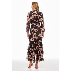 Black floral (100% Polyester). Cocktail dress. Long sleeves. Mock neck. Back zipper closure. 54.5" from shoulder to hemline. Made in the USA. Floral Print Dress For Date Night In Fall, Floral Print Dress For Fall Date Night, Formal Floral Print Maxi Dress For Fall, Formal Fall Floral Print Maxi Dress, Fall Evening Maxi Dress With Floral Print, Cocktail Dress Long, Dress Long Sleeves, Rent The Runway, Dress Long