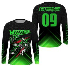 a green and black shirt with the number 99 on it, featuring a motorcycle rider