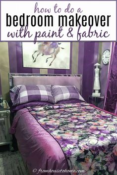 Small Purple And Gold Bedroom Makeover On A Budget Duvet Cover Tutorial, Purple And Gold Bedroom, Bedroom Makeover On A Budget, Diy Duvet, Duvet Cover Diy, Purple Bedrooms, Purple Bedroom