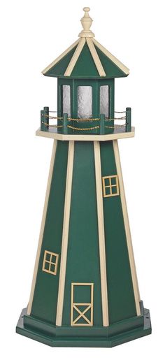 a green and white lighthouse with windows on the top is standing in front of a white background