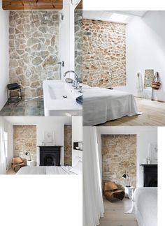 four different pictures of a bedroom with stone walls and flooring, including a bed