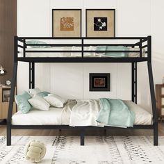 a black bunk bed sitting in a bedroom next to a white rug and two pictures on the wall