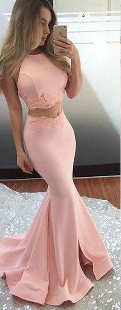 98498be_400w_large Prom Dress Two Piece, Prom Dress Pink, Jersey Prom Dress, Two Piece Prom, Halter Evening Dress, Evening Dress Long, Prom Dresses Long Pink, Halter Prom Dresses, Formal Evening Gown