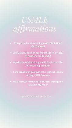 the words usmle affirmations written in white on a pink and blue background