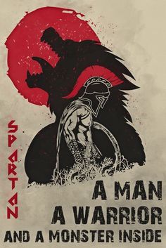 a poster with an image of a man and a monster in front of a red sun