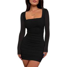 The Sexy Bodycon Dresses Is Very Soft, Mesh Sheer, High Stretchy, Breathable, Light The Party Mini Dress Feature Square Neck Design, Mesh Sheer Back And Sleeves, Slim Fitting, Back Zipper, Ruched Body Con Dress. The Semi Formal Dresses Is Perfect For Women And Teen Girls The Cute Short Dresses Is Suitable For Going Out, Club, Party, Date Night ,Neon Night Out, Clubwear, Graduation, Cocktail,Evening, Homecoming, Dinner, Beach, Birthday, Wedding, Home, Bbq, Shopping, Halloween, Vacation Short Black Dresses Long Sleeves, Fancy Dinner Dress Short, Black Party Dress Long Sleeve, Black Dresses Formal Short, Black Glitter Dress Long Sleeve, Black Teen Dress, Semi Formal Night Outfit, Simple Cute Dresses Casual, Bodycon Mini Dress Night