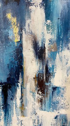 an abstract painting with blue, white and yellow colors on the outside of it's surface