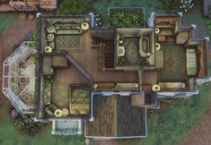 an aerial view of a house with lots of furniture and plants in the yard area