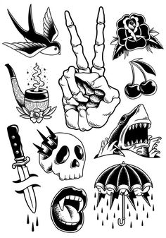 black and white drawing of different kinds of tattoos on the arm, head, hand