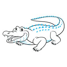 a drawing of an alligator with blue water drops on it's body and head