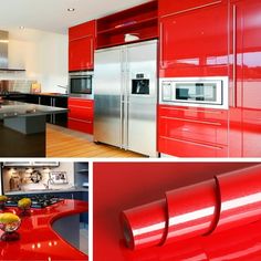 a kitchen with red cabinets and stainless steel appliances