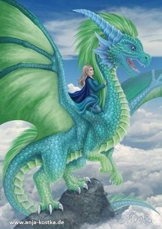 a painting of a woman riding on top of a green dragon in the sky above clouds