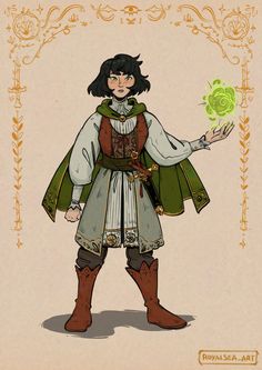 a drawing of a woman dressed in medieval clothing and holding a green ball with one hand