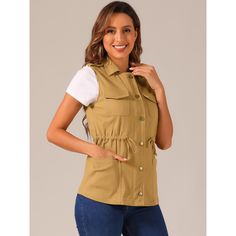 The drawstring waist and cargo pockets add a casual style that you can showcase no matter what you layer with this trend-savvy piece. It is great for dating, shopping, and going out with friends. Get the look this season with this seriously twill utilitarian cargo vest. It can be popped over a pair of jeans on chillier days or a dress. Occasion: Casual, Street, Dating, Gathering, School, Weekend, Holiday, Daily Wear, etc. Womens Tailored Suit, Women's Vests, Cargo Vest, Womens Crewneck, Sleeveless Jacket, Woman Standing, Down Vest, Hem Style, Womens Clothing Sizes