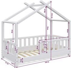 a white bed frame with measurements for the top and bottom bunk area, including the mattress