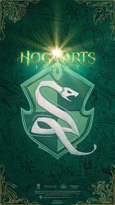 the poster for harry potter's hogwarts is shown in green and gold