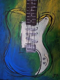 an abstract painting of a guitar in blue, green and yellow colors with black strings