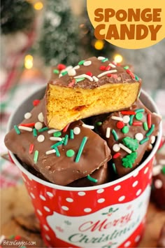 a tin filled with chocolate covered cookies and sprinkles next to a christmas tree