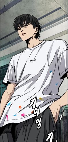 an anime character with black hair wearing a white t - shirt