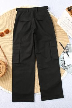 Black Wide Leg Flap Pocket Cargo Pants Black Straight Cargo Pants With Pockets, Black Straight Cargo Pants, Spring Black Cargo Pants With Patch Pockets, Black Cargo Pants With Patch Pockets For Spring, Black Ankle-length Cargo Pants With Pockets, High Waist Black Cargo Pants With Patch Pockets, Flap Pocket Cargo Pants, Pocket Cargo Pants, Boutique Pants