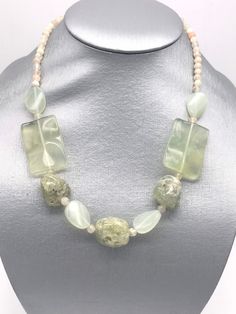 "Prehnite and Agate Beaded Necklace, 18-20\"-Adjustable WWW.KARINSFORGOTTENTREASURES.COM" Adjustable Beaded Amazonite Gemstone Necklace, Adjustable Amazonite Beaded Necklaces, Adjustable Amazonite Necklace With Polished Beads, Adjustable Green Crystal Necklace, Green Beaded Rectangular Necklace, Green Rectangular Beaded Necklace, Adjustable Single Strand Amazonite Beaded Necklace, Adjustable Jade Beaded Necklaces, Adjustable Jade Necklace