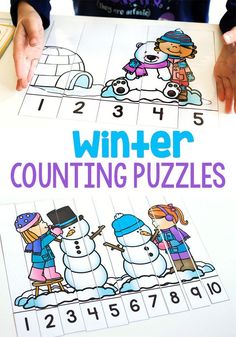 a child is holding up a printable winter counting puzzles