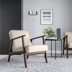 two chairs in a living room next to a table with a plant on top of it