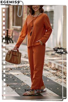 Plain Crew Neck Casual Loose Two-piece Set Casual Orange Workwear Sets, Loose Tops, Two Piece Sets, Orange Red, Color Orange, Two Piece, Crew Neck, Orange, Pants