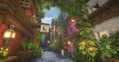 an image of a street in minecraft with trees and plants on the side walk