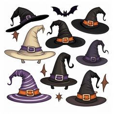 a set of halloween witches hats and bats