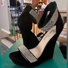 Excellent Condition, Never Worn. Black Suede With Crystal Detail Across Foot And Ankle. Size 6.5, Medium Width. 1.5” Platform, 5.5” Heel. Zipper Closure At Back. Includes Original Box And Replacement Jewels. Lorraine, Black Suede, Black Silver, Original Box, Wedges, Size 6, Women Shoes, Zipper, Crystals