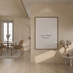 a dining room with a table and chairs next to a large poster on the wall