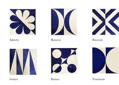 nine different blue and white tile designs on a white background, each with an individual's name