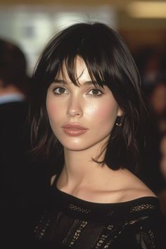 Chic 90s Lob Hairstyle Inspirations for Effortless Glamour - Days Inspired Dark Long Bob With Bangs, Short And Dark Hair, 90s Bangs Long Hair, Straight Hair Layered Bob, Christy Turlington 90s Hair, Long Bob Bangs Hairstyles, Devon Aoki Bangs, Bobs And Bangs, Short Bob And Bangs