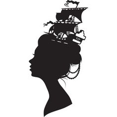 the silhouette of a woman's head with a pirate ship on top of it