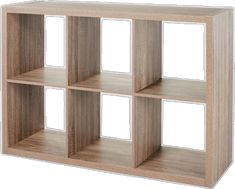 a wooden shelf with four compartments on each side