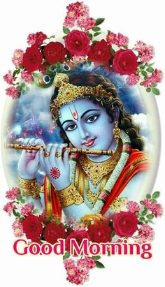 the god playing flute with roses around it