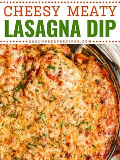 Serve this easy football snack! This Meaty Lasagna Dip is a perfect game day idea. With layers of ground beef, marinara, and mozzarella, this creamy, cheesy dip is a Super Bowl appetizer recipe no one will be able to resist!