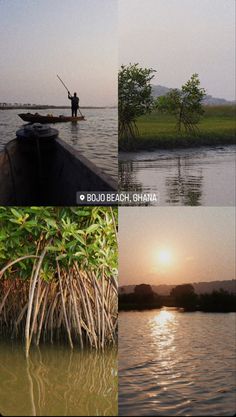 three different pictures of the same person in a boat on water with trees and grass