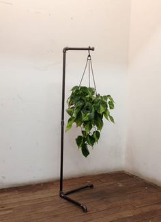 a potted plant is hanging from a metal frame on a wooden floor in an empty room