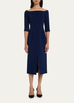 Carolina Herrera Off-Shoulder Midi Dress - Bergdorf Goodman Structured Sheath Midi Dress For Evening, Evening Sheath Midi Dress With Structured Boning, Formal Sheath Dress With Side Slits, Formal Knee-length Midi Dress With Side Slits, Formal Midi Dress With 3/4 Sleeve, Formal Knee-length Dress With Side Slits, Knee-length Midi Dress With Side Slits For Formal Occasions, Formal Bodycon Dress With Side Slits, Elegant 3/4 Sleeve Bodycon Dress For Evening