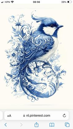 a blue and white bird sitting on top of a flowery branch in front of an iphone