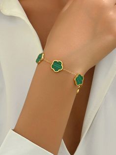 1pc 18k Gold Plated Stainless Steel Pentagonal Flower Shape Women's Bracelet Green Fashionable   Stainless Steel     Women Fashion Jewelry, size features are:Bust: ,Length: ,Sleeve Length: Elegant Green Bracelet With Flower Charm, Women Chain, Chain Bracelets, Watches Women Fashion, Flower Shape, Womens Bracelets, Chain Bracelet, Women Clothes Sale, Womens Watches