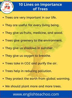 the ten lines on importance of trees for children to learn in english and spanish, with pictures