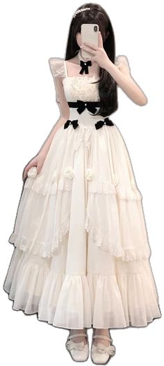 Elegant Tiered Dress With Bow, Beige Chiffon Dresses With Ruffles, Cute White Chiffon Dress, Feminine Cream Chiffon Dress, Beige Summer Dresses With Bow, Tiered Dress With Bow, Spring Tiered Dress With Bow, Cute White Vintage Party Dress, Sweet White Ruffled Dress