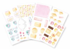 three sheets of stickers on top of each other with different shapes and designs in them