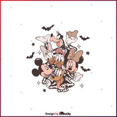 mickey and minnie mouses with bats on their heads, surrounded by other cartoon characters